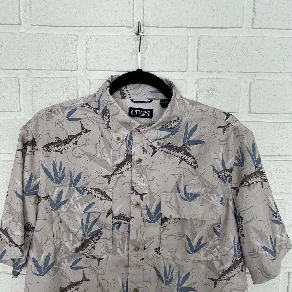 Chaps Button Up Fishing Shirt Mens Medium All Over Print Short Sleeve Pockets